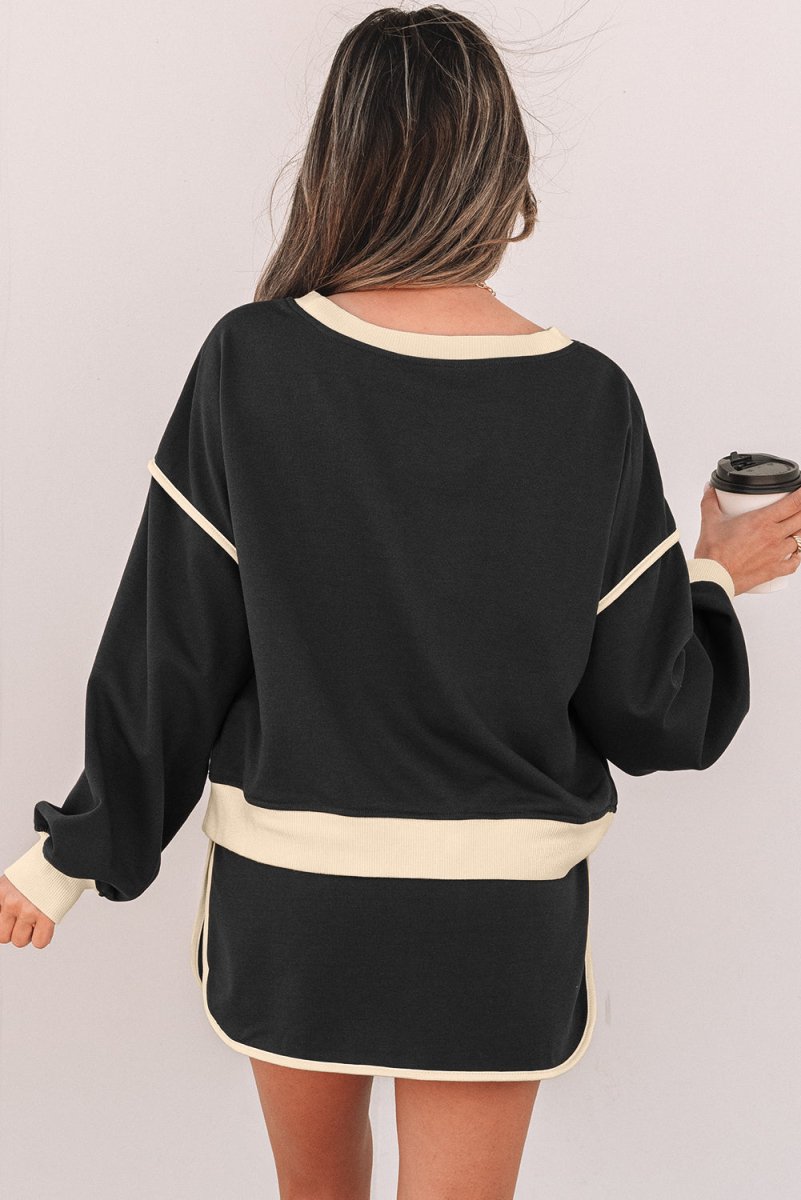 Black Color Contrast Loose Pullover and Lace-up Waist Skort Set - Love Salve